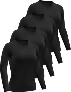 4 Pack Womens Long Sleeve Basic Shirts Crew Neck Slim Fitted Compression Gym Workout Athletic Underscrubs Tops