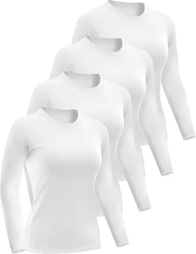 4 Pack Womens Long Sleeve Basic Shirts Crew Neck Slim Fitted Compression Gym Workout Athletic Underscrubs Tops