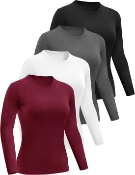 4 Pack Womens Long Sleeve Basic Shirts Crew Neck Slim Fitted Compression Gym Workout Athletic Underscrubs Tops