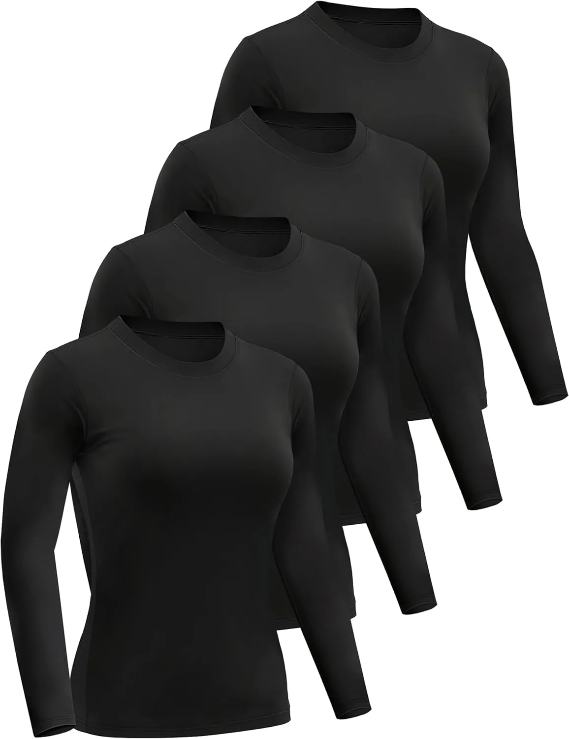 4 Pack Womens Long Sleeve Basic Shirts Crew Neck Slim Fitted Compression Gym Workout Athletic Underscrubs Tops
