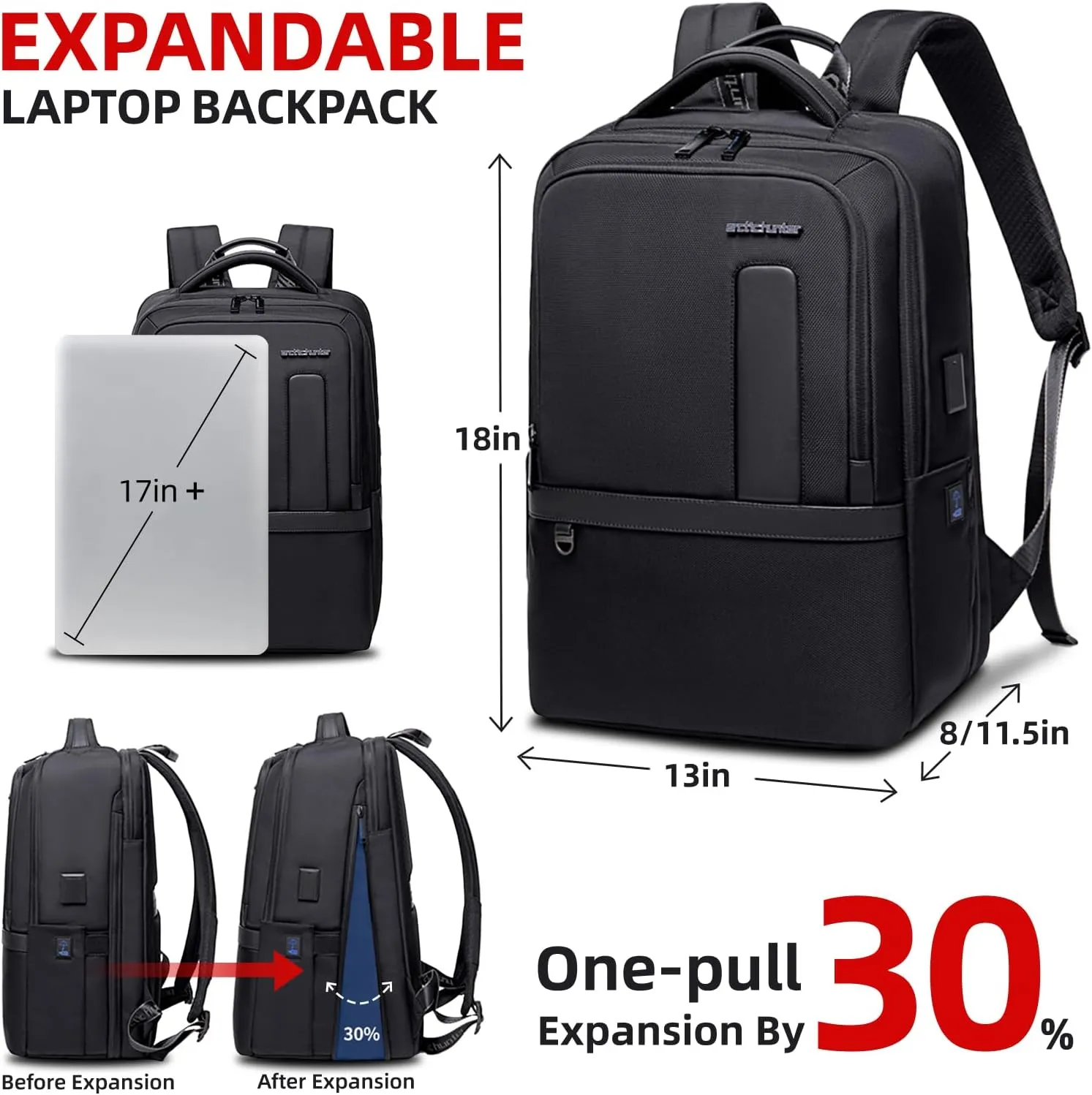 40L Large Travel Laptop Backpack for Mens Women Expandable Business Work Backpacks Water Resistant Computer Backpack with USB Charging Port Fits 17.3 Inch Laptop - Black