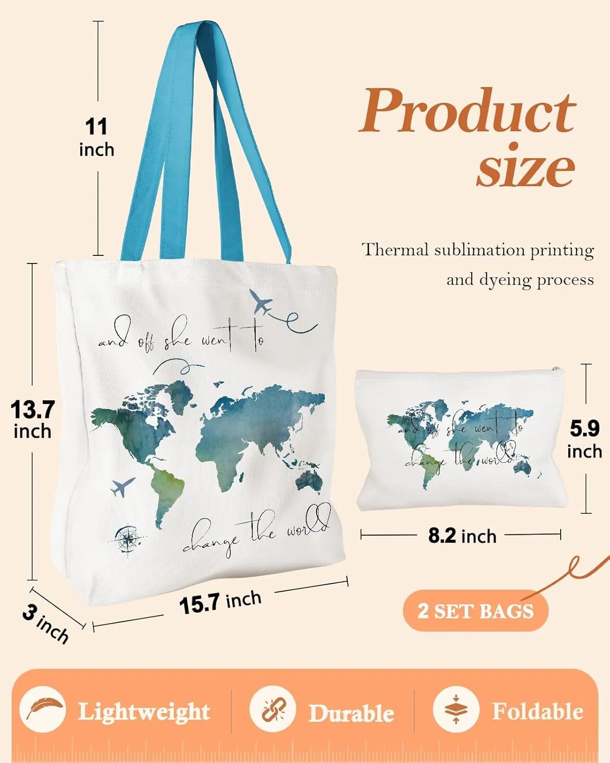 Aesthetic 2 Pack Canvas Tote Bag - with Makeup Zipper Pouch for Women Bag for Shopping, Gym, Travel, Vacation