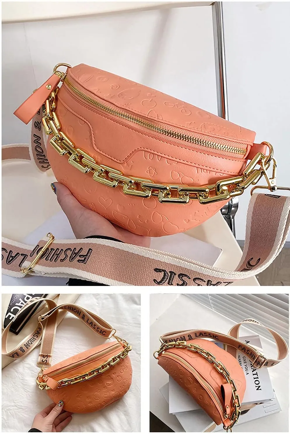 Aiqudou Fanny Pack Chest Bag Crossbody Purse for Women - Women's Leather Waist Bag with Chain Strap, Belt Bag Travel Pouch