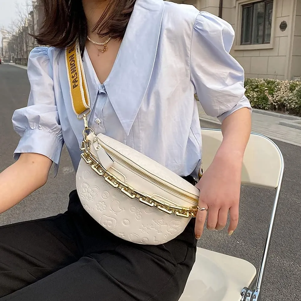 Aiqudou Fanny Pack Chest Bag Crossbody Purse for Women - Women's Leather Waist Bag with Chain Strap, Belt Bag Travel Pouch