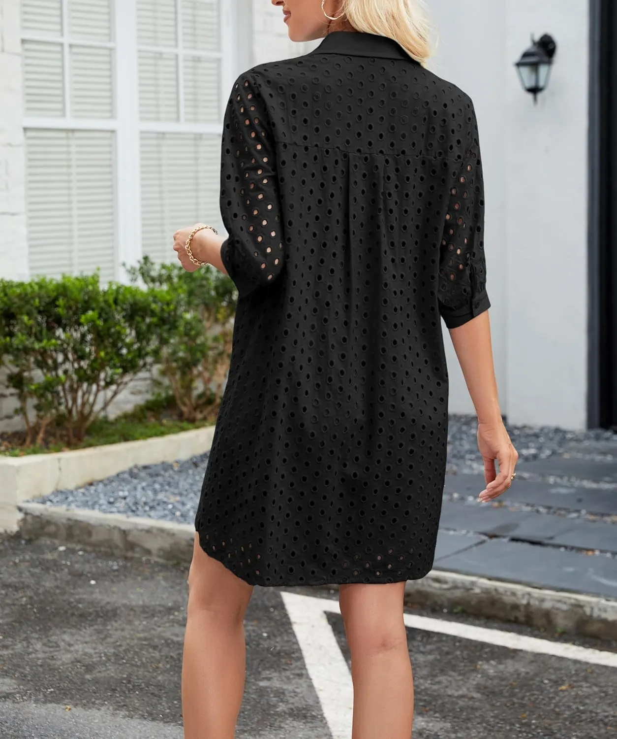 AMEBELLE Womens Summer Shirt Dress Eyelet Hollow Out Short Dress with 3/4 Sleeves Button Down Casual Dress Summer Beach Dress