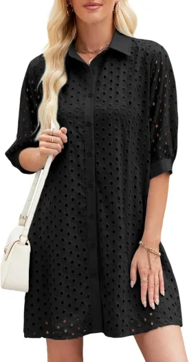 AMEBELLE Womens Summer Shirt Dress Eyelet Hollow Out Short Dress with 3/4 Sleeves Button Down Casual Dress Summer Beach Dress