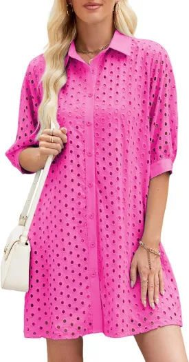 AMEBELLE Womens Summer Shirt Dress Eyelet Hollow Out Short Dress with 3/4 Sleeves Button Down Casual Dress Summer Beach Dress