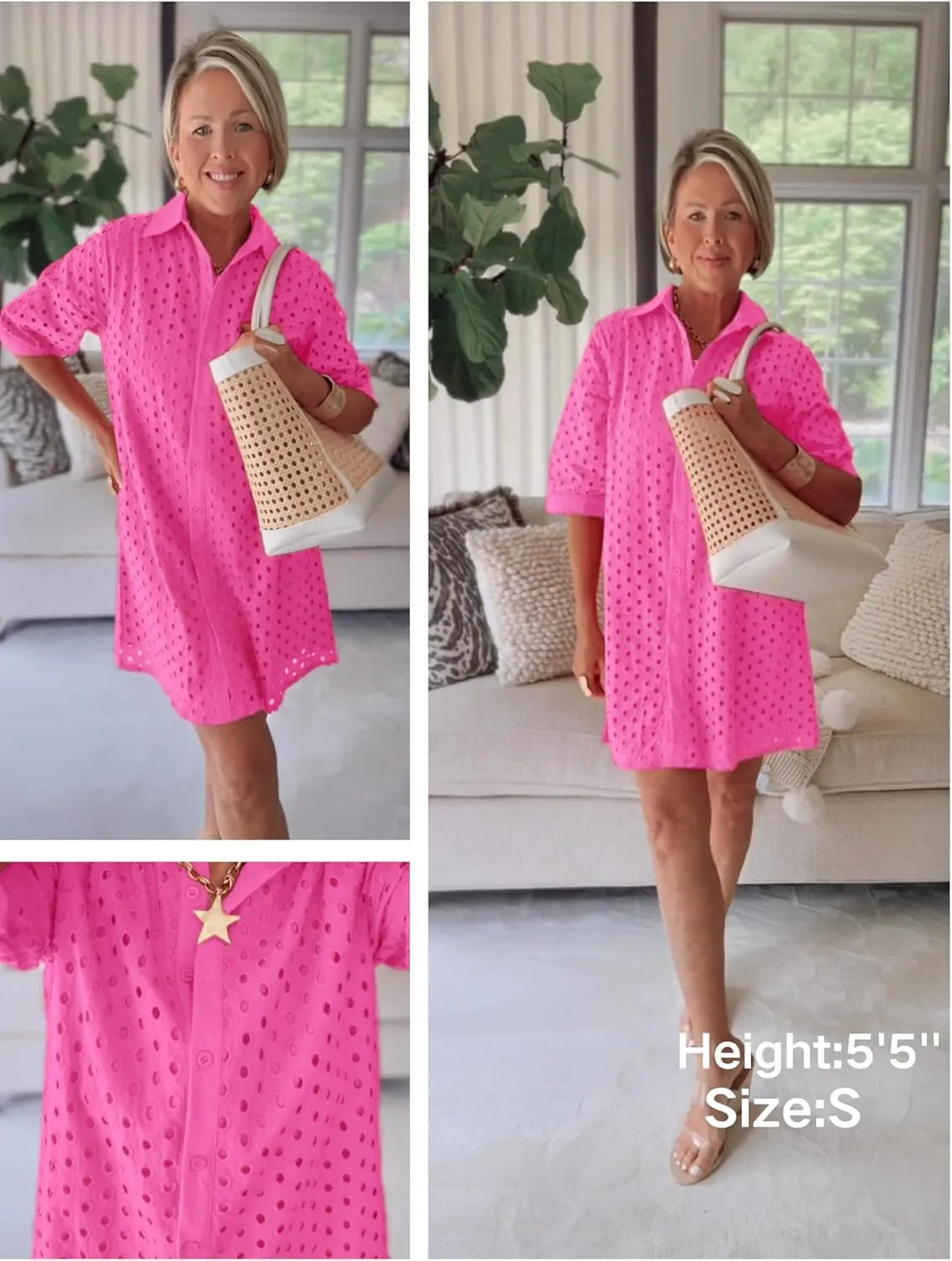 AMEBELLE Womens Summer Shirt Dress Eyelet Hollow Out Short Dress with 3/4 Sleeves Button Down Casual Dress Summer Beach Dress