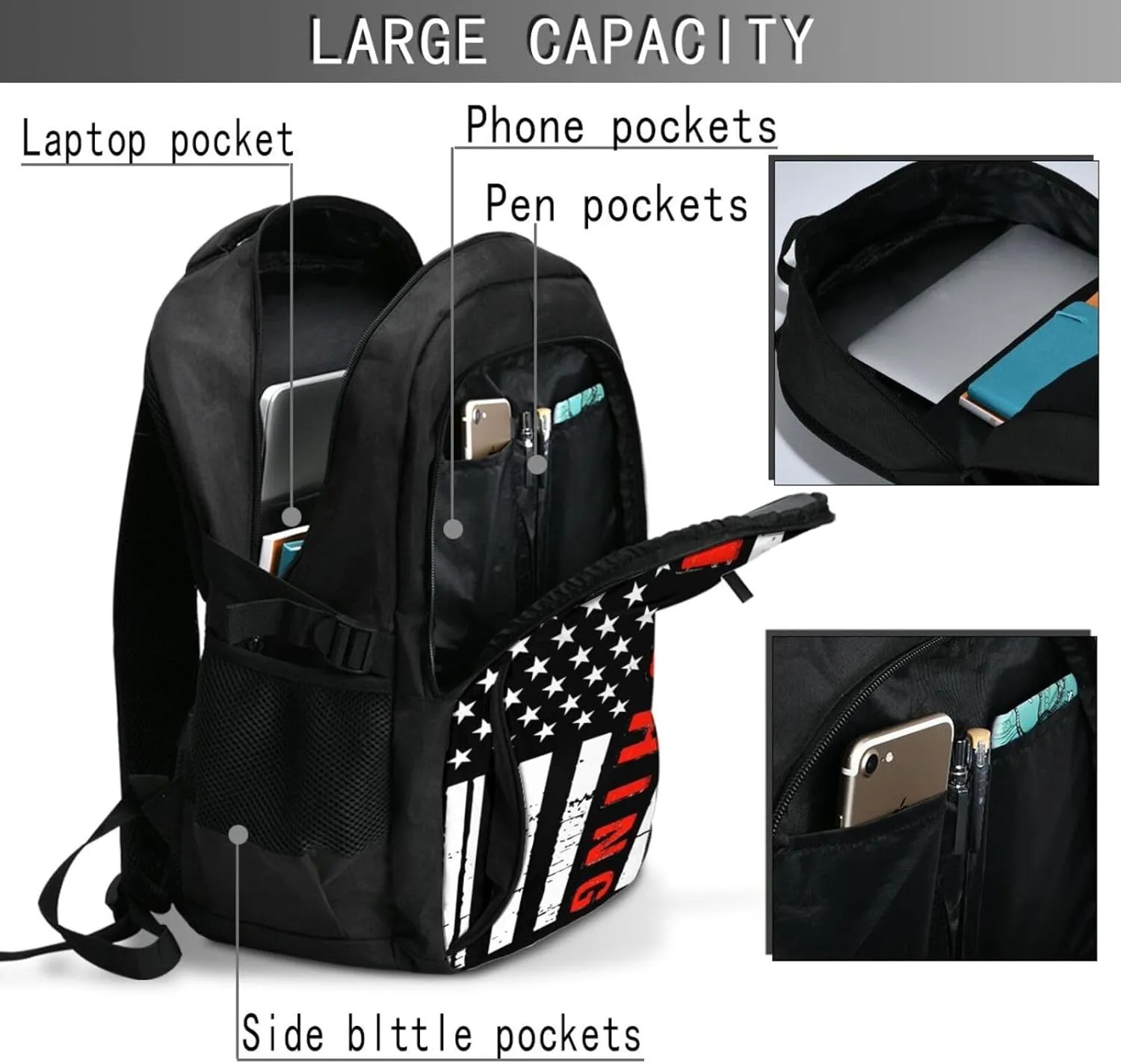 American Fishing Flag Travel Backpack Laptop Backpacks Business Rucksack Outdoor Daypack Large Sport Bag with Luggage Strap USB Charging Port for Hiking Working