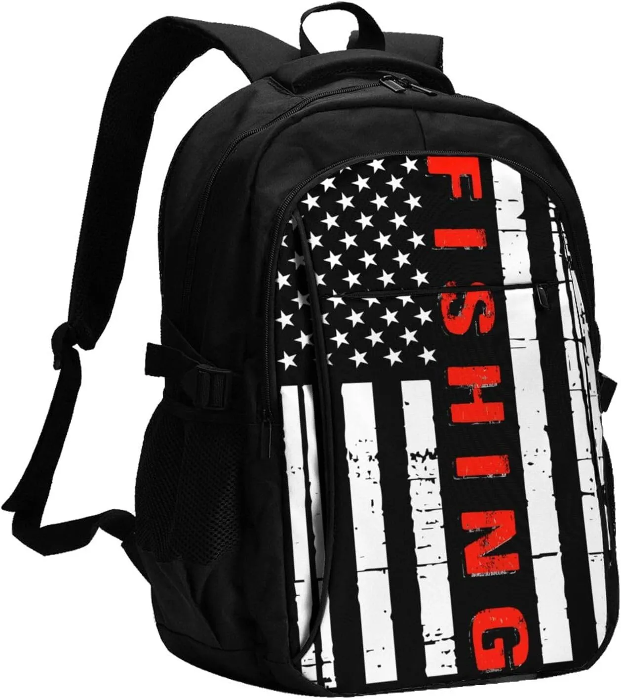 American Fishing Flag Travel Backpack Laptop Backpacks Business Rucksack Outdoor Daypack Large Sport Bag with Luggage Strap USB Charging Port for Hiking Working