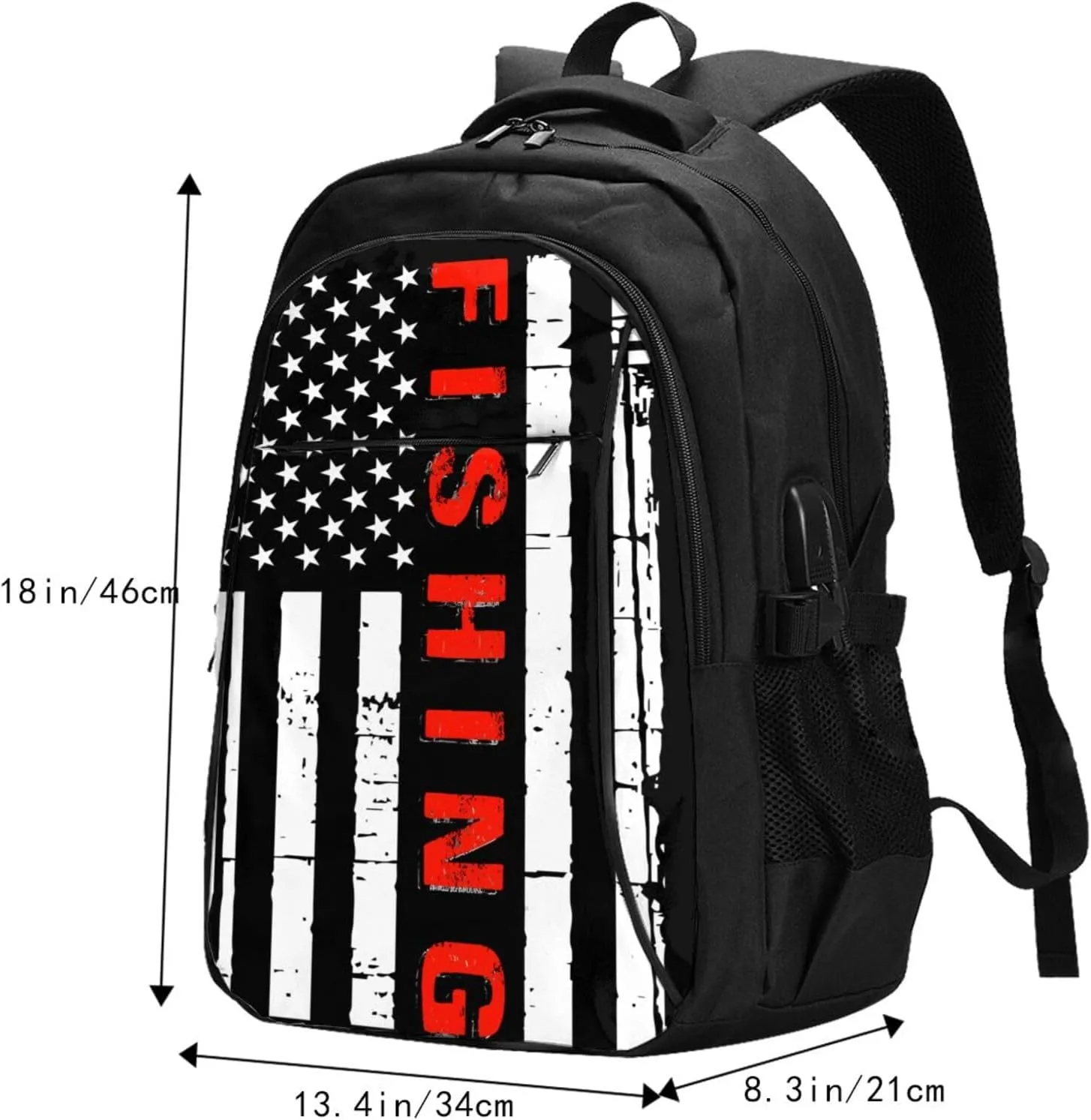 American Fishing Flag Travel Backpack Laptop Backpacks Business Rucksack Outdoor Daypack Large Sport Bag with Luggage Strap USB Charging Port for Hiking Working
