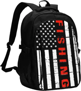 American Fishing Flag Travel Backpack Laptop Backpacks Business Rucksack Outdoor Daypack Large Sport Bag with Luggage Strap USB Charging Port for Hiking Working
