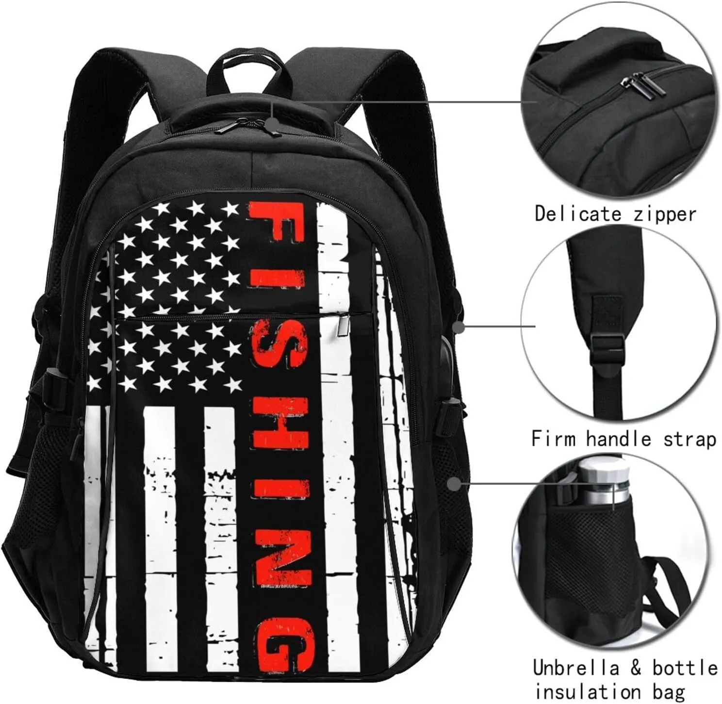 American Fishing Flag Travel Backpack Laptop Backpacks Business Rucksack Outdoor Daypack Large Sport Bag with Luggage Strap USB Charging Port for Hiking Working
