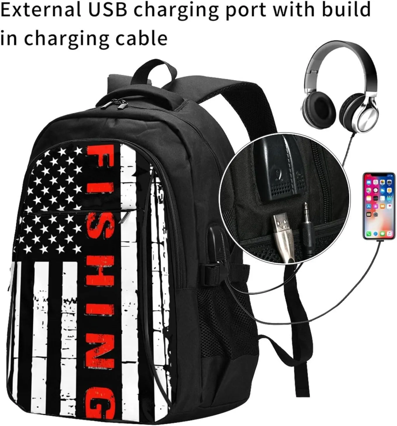American Fishing Flag Travel Backpack Laptop Backpacks Business Rucksack Outdoor Daypack Large Sport Bag with Luggage Strap USB Charging Port for Hiking Working