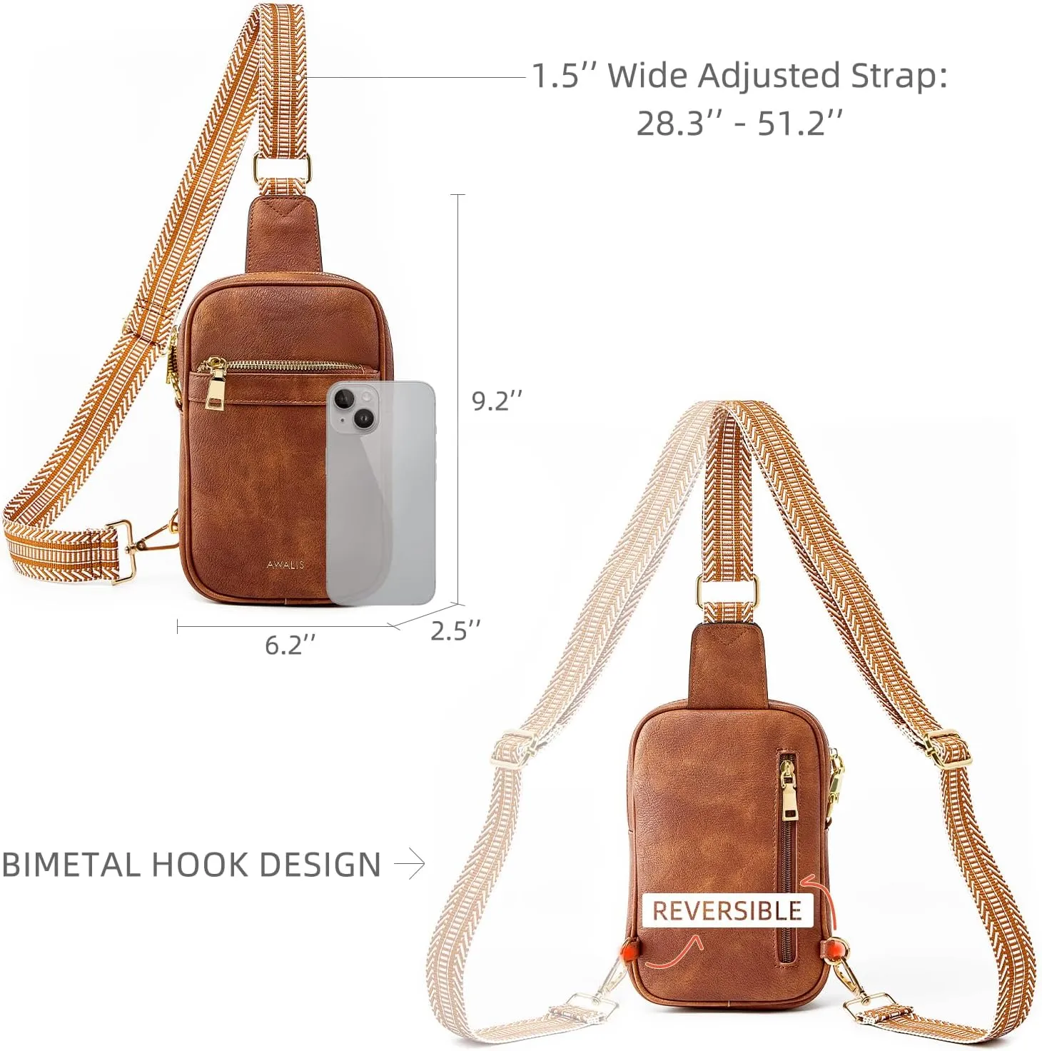 Anti Theft Crossbody Bags for Women, Small Sling Bag for Men, Vegan Pu Leather Crossbody Fanny Packs Travel Purses with Card Holder Rfid, Adjustable Wide Guitar Strap, Brown