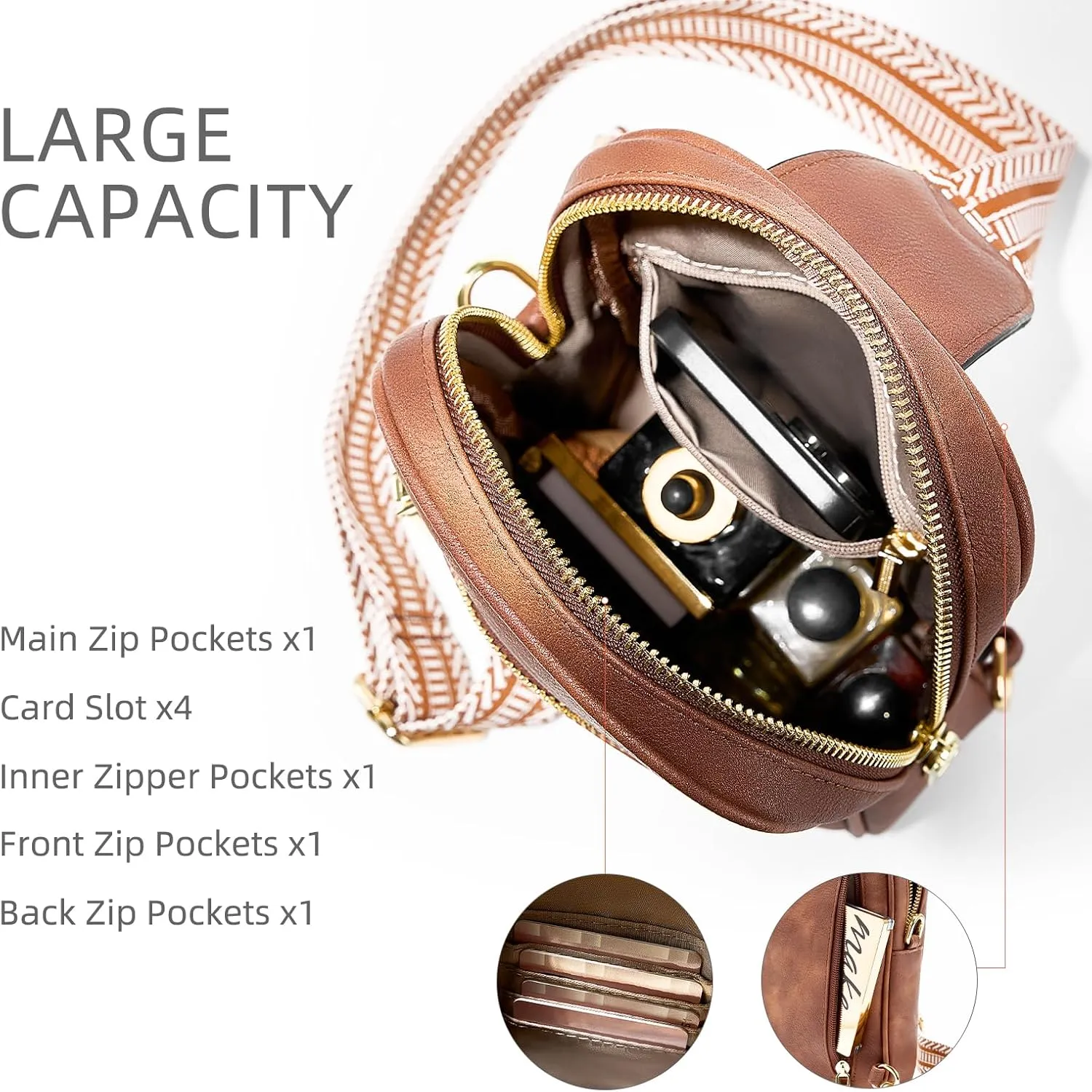 Anti Theft Crossbody Bags for Women, Small Sling Bag for Men, Vegan Pu Leather Crossbody Fanny Packs Travel Purses with Card Holder Rfid, Adjustable Wide Guitar Strap, Brown
