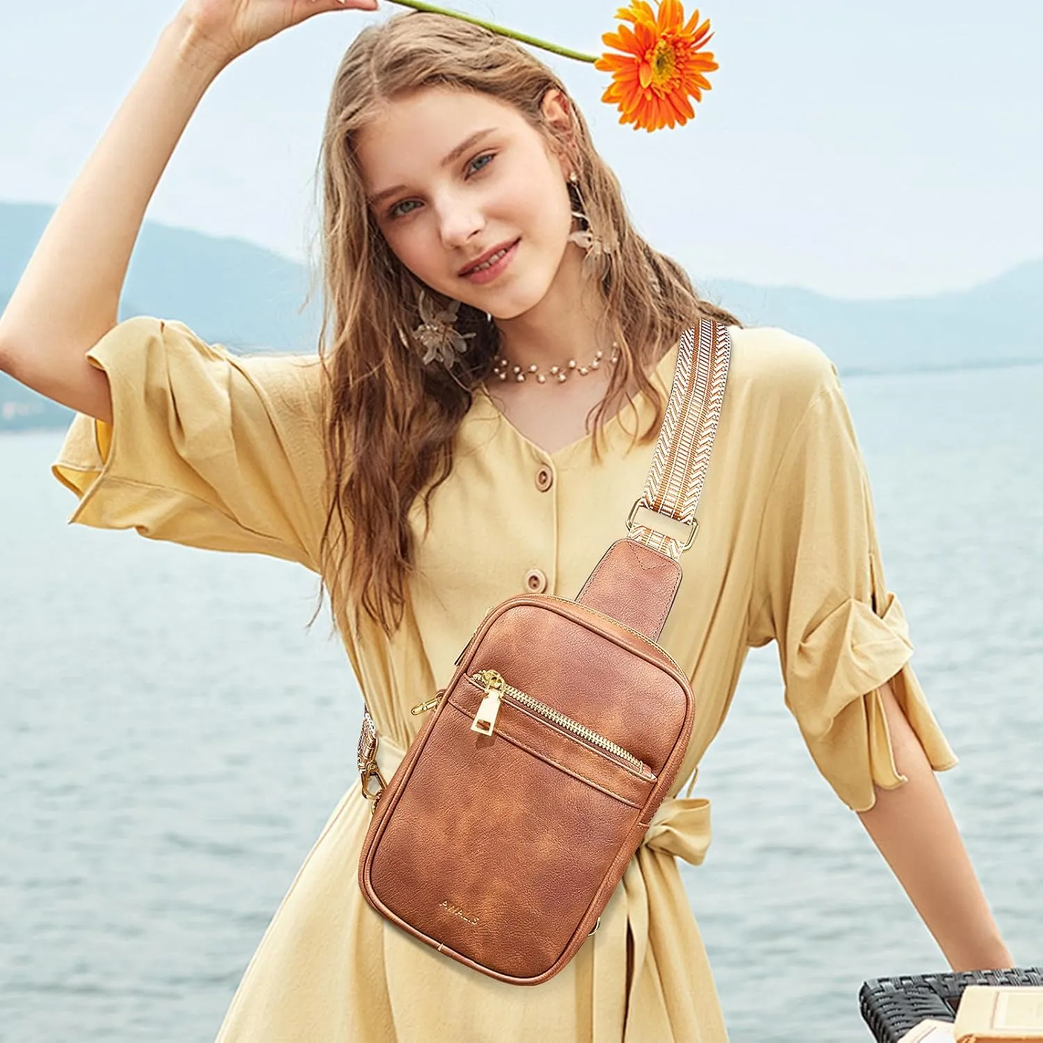 Anti Theft Crossbody Bags for Women, Small Sling Bag for Men, Vegan Pu Leather Crossbody Fanny Packs Travel Purses with Card Holder Rfid, Adjustable Wide Guitar Strap, Brown