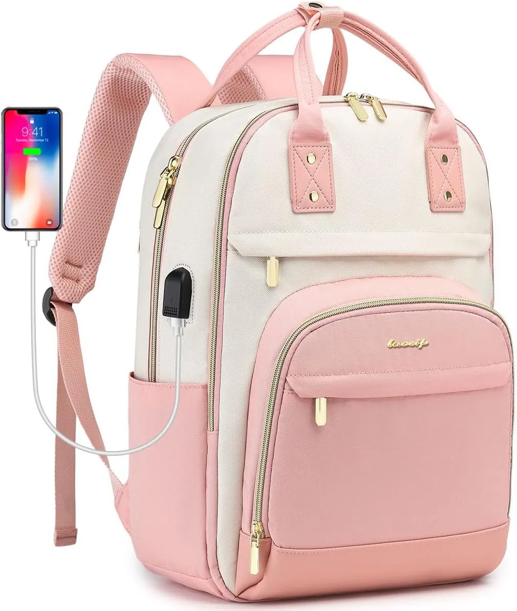 Backpack for Women 15.6 Inch Laptop Backpack Work Business Travel Backpacks with USB Charger Waterproof College Teacher Computer Bookbag Professional Anti-theft Casual Bags for Adult Nurse Pink