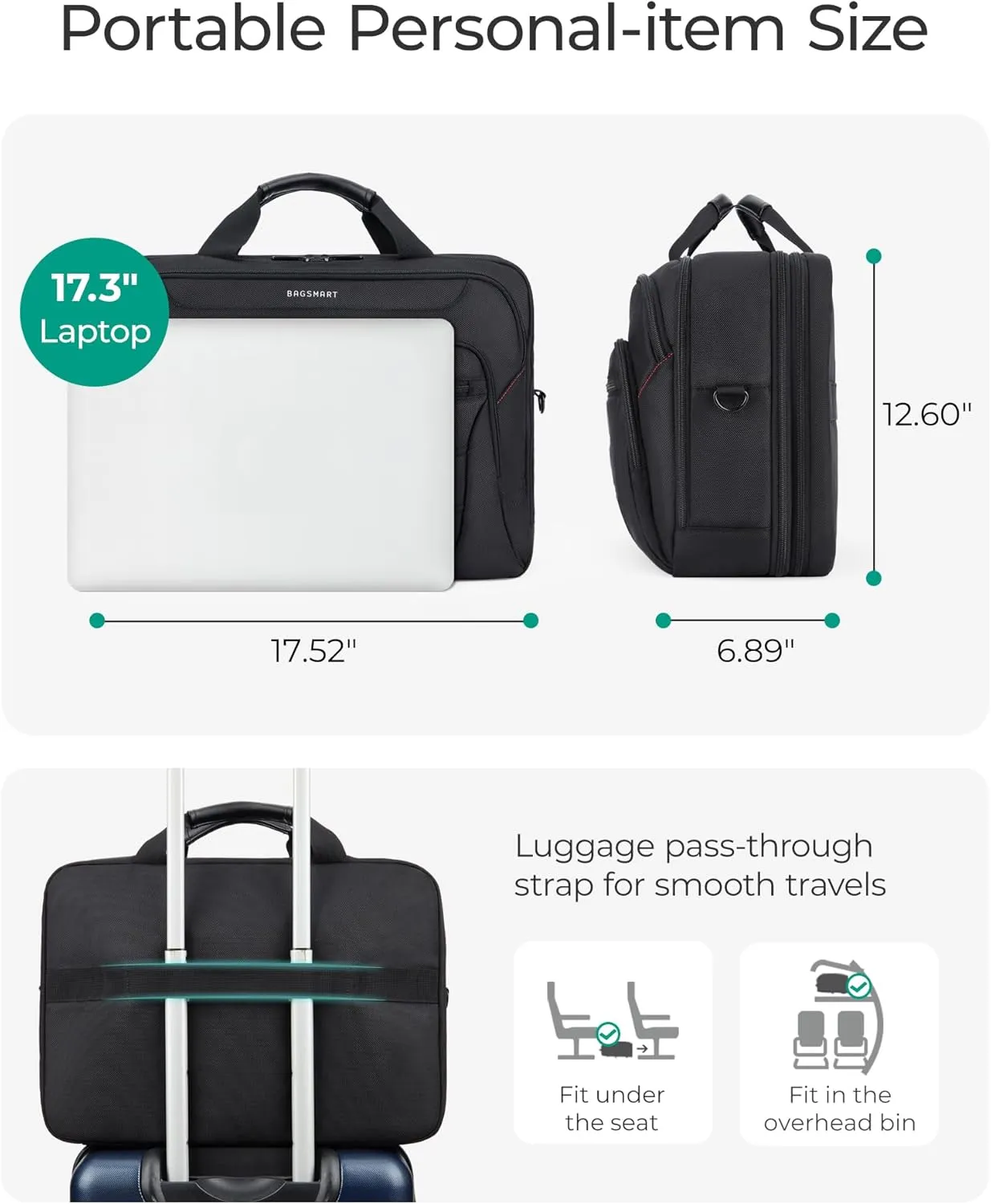BAGSMART 17.3 Inch Laptop Bag, Expandable Laptop Briefcase, Computer Bag for Men, Mens Work Bag for Business Travel, Black