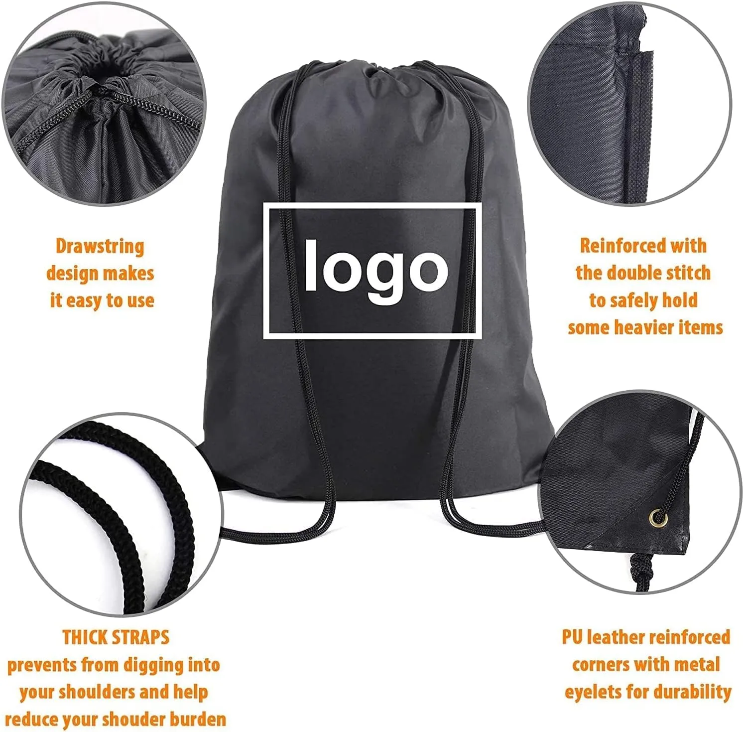 BeeGreen Black Drawstring Backpack Bags Bulk 2 Pack X-Large 22.4" L x 17.5" W Sports Cinch Sack Gym String Bags Machine Washable Heavy Duty String Backpack for Men Women