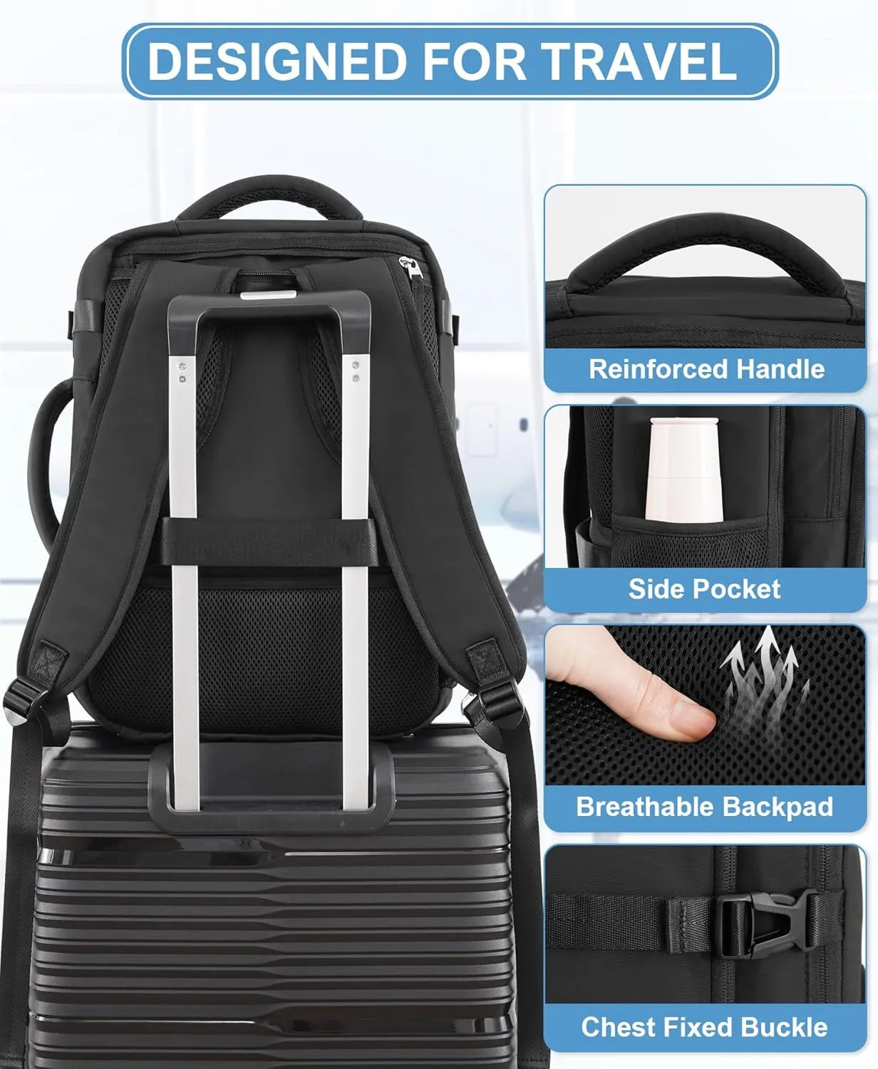 Beraliy Travel Backpack, Lightweight Personal Item Bag for Airlines, Carry On Luggage, Durable Hiking Backpack,Laptop Backpack, College Work Gym Weekender Bag Men Women, Black