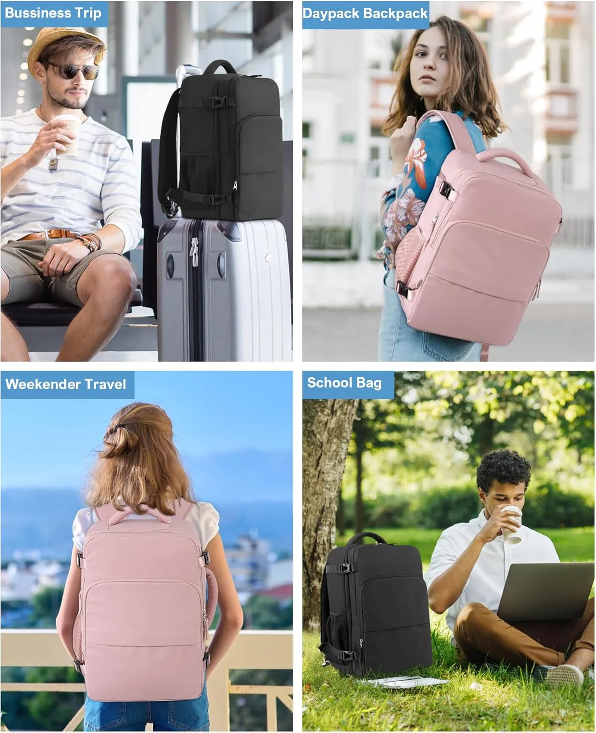 Beraliy Travel Backpack, Lightweight Personal Item Bag for Airlines, Carry On Luggage, Durable Hiking Backpack,Laptop Backpack, College Work Gym Weekender Bag Men Women, Black