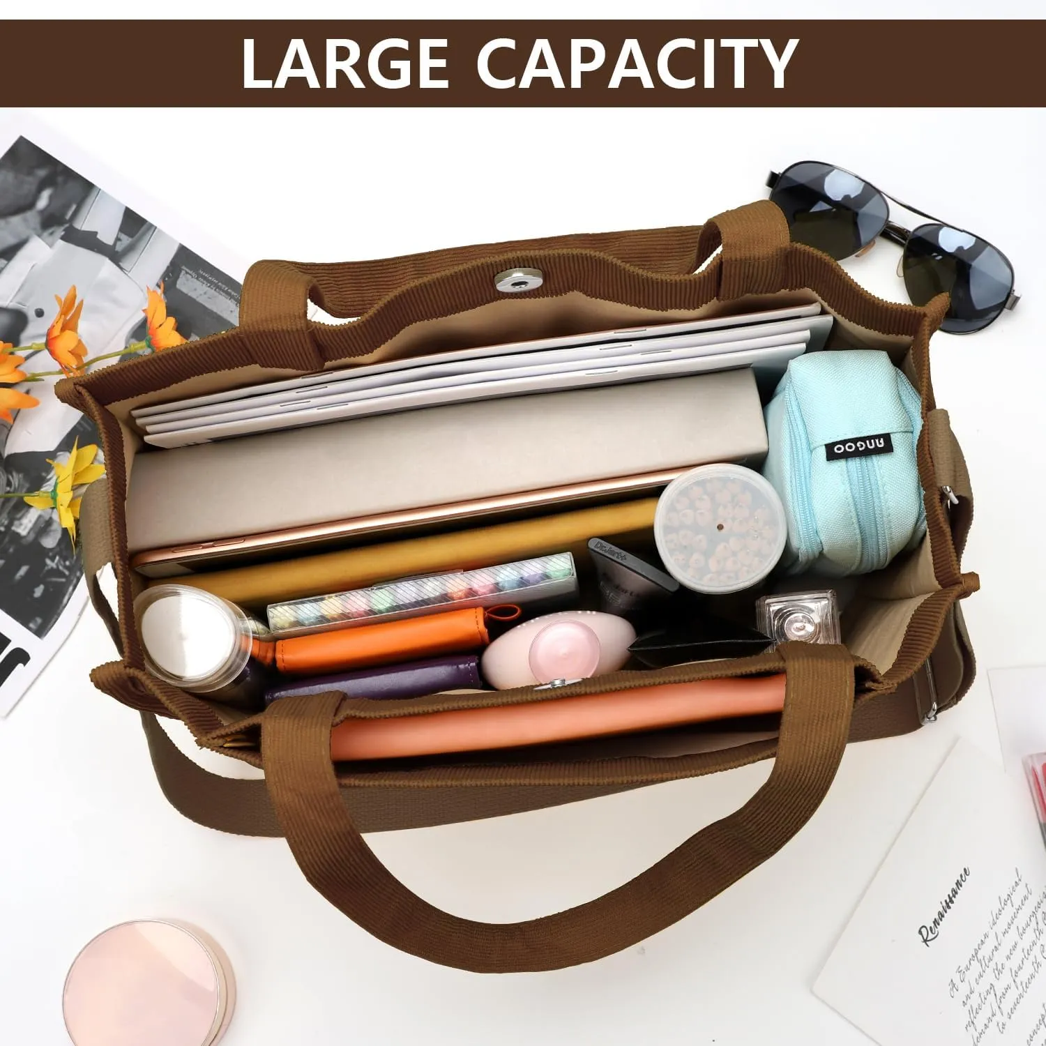 BINSUNS Corduroy Tote Bag for Women Small Satchel Bag Mini Tote Bag Aesthetic Crossbody Handbag - School Work Travel Shopping