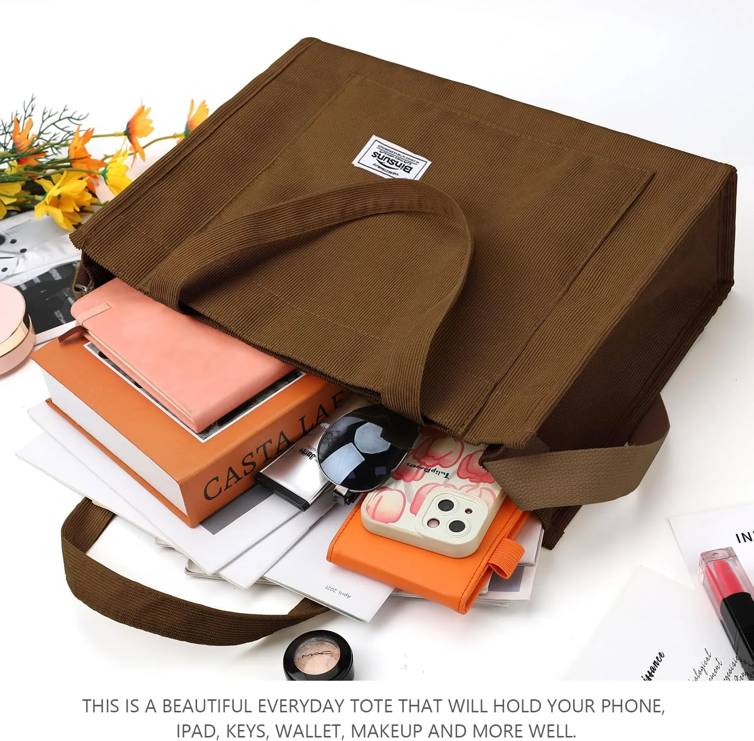 BINSUNS Corduroy Tote Bag for Women Small Satchel Bag Mini Tote Bag Aesthetic Crossbody Handbag - School Work Travel Shopping