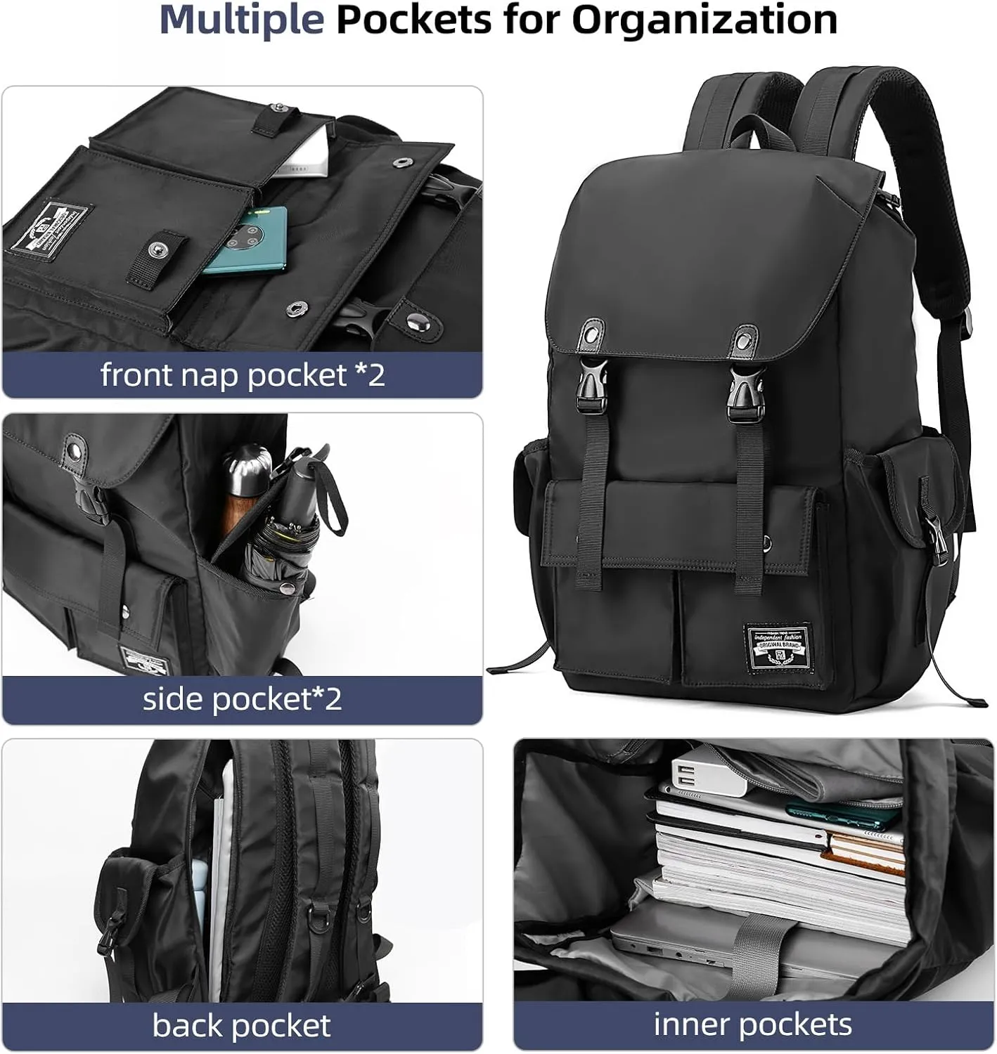 Black Backpack Men, 17.3 Inch Laptop Backpack for Men, Drawstring Anti-theft Waterproof Tech Backpacks with Laptop Compartment