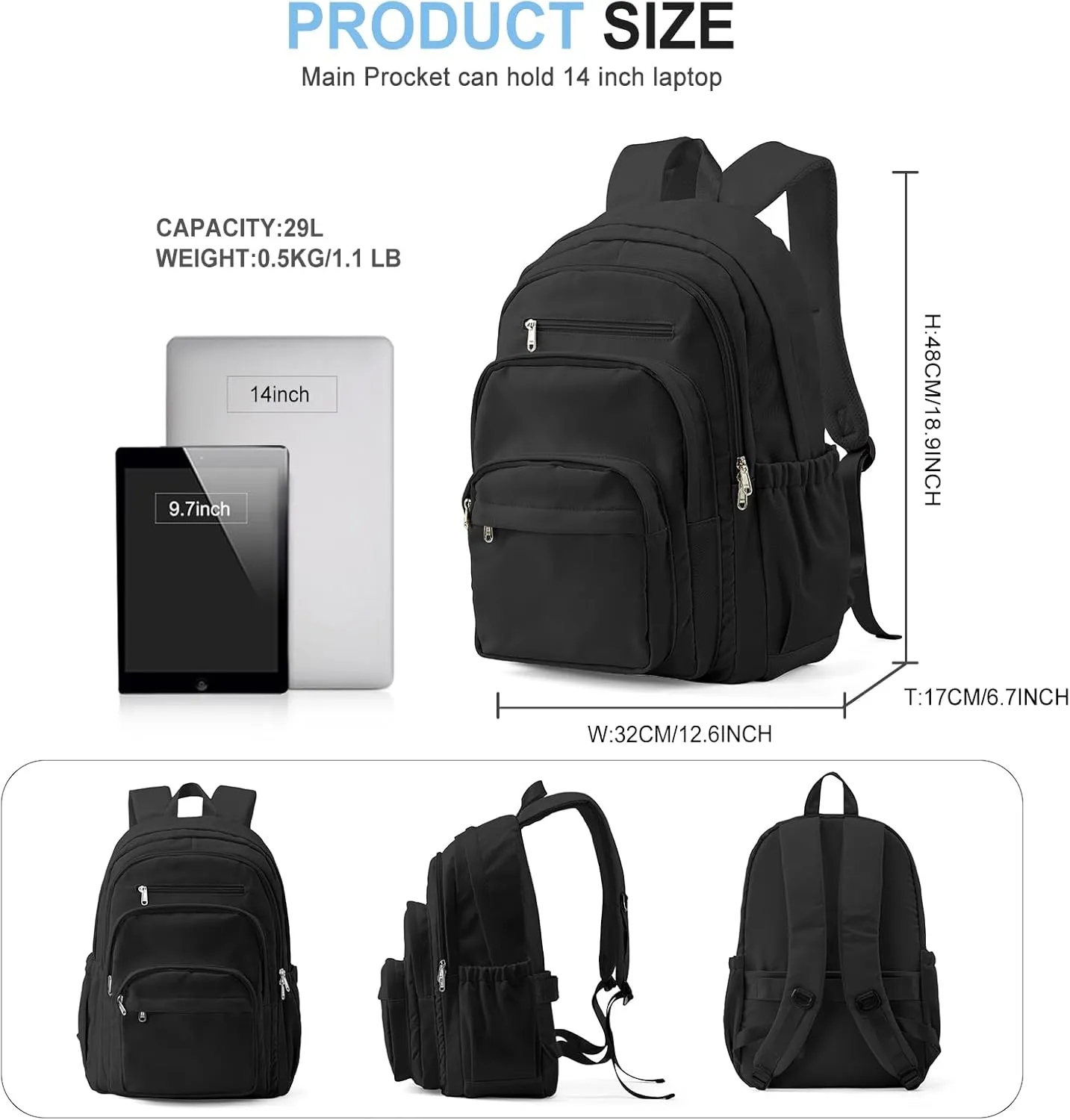 Black College Backpack For Women Men,Lightweight High School Bag,School Backpack With Lots Of Pockets,Cute Bookbag For Teens Boys Girls,Casual Daypack Backpack For School