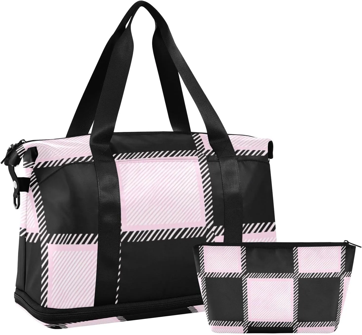 Black Peach Checkered Plaid Large Gym Bag Carry On Shoulder Weekend Tote with Toiletry Bag for Business Trips Waterproof