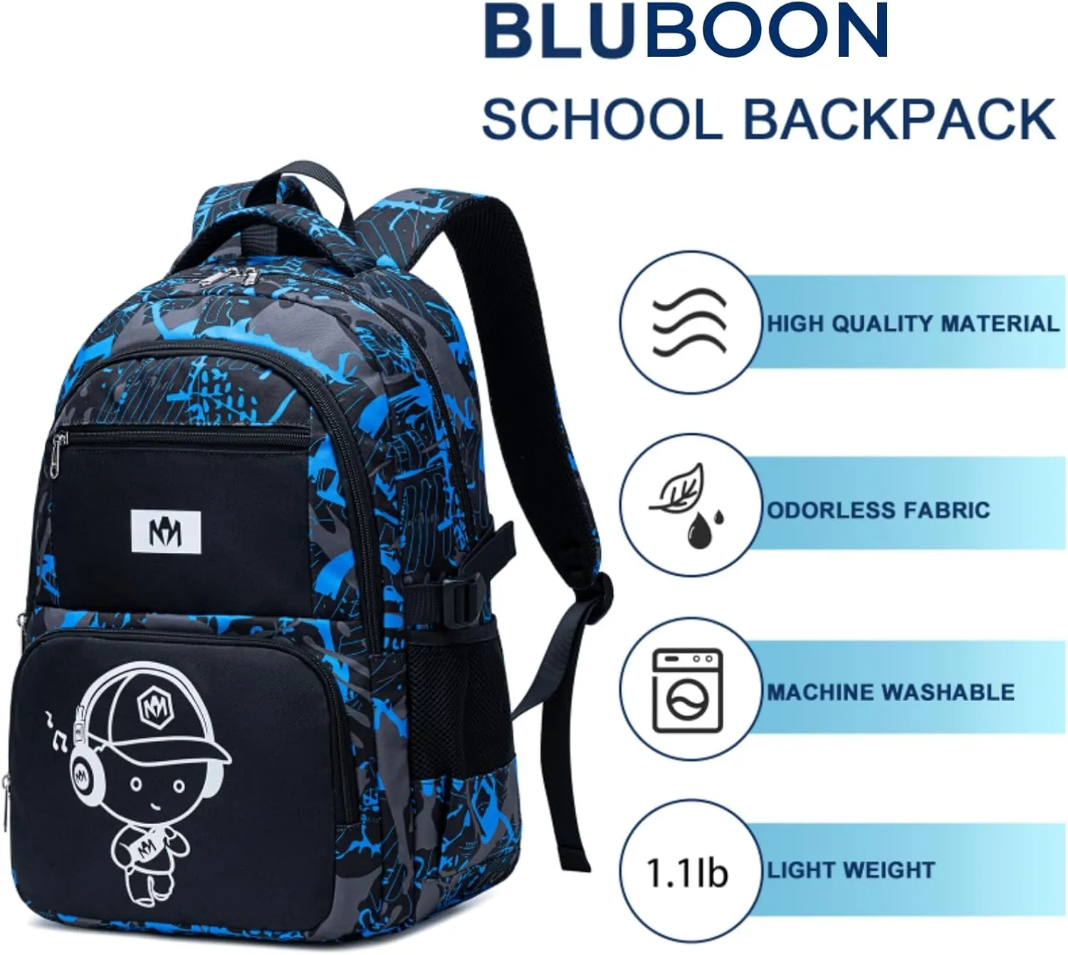 Bluboon Kids Backpack Boys Camo Bookbag Teens Elementary School Bag Daypack Travel Back Pack Middle school (Boy-doodle 2pcs)