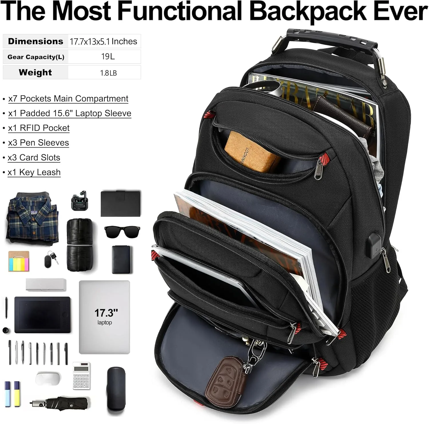 Boavan Laptop Backpack for men, 15.6 inch Laptop Bag with USB Port, Waterproof Travel Work Backpack Purse, Anti-Theft Teacher Nurse Doctor Casual Bookbags Office Business backpackBlack