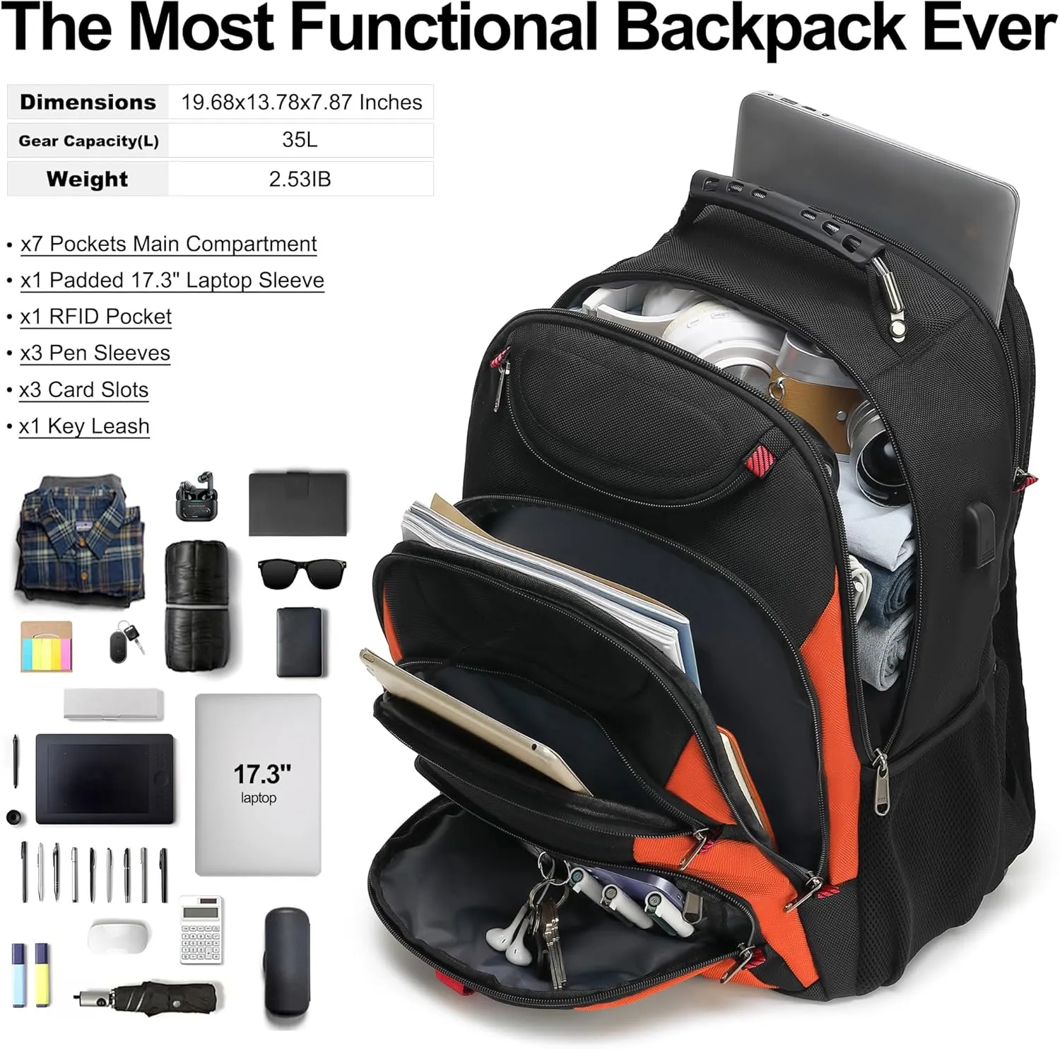 Boavan Laptop Backpack for men, 17.3 inch Laptop Bag with USB Port, Waterproof Travel Work Backpack Purse, Anti-Theft Teacher Nurse Doctor Casual Bookbags Office Business backpackBlack&Orange