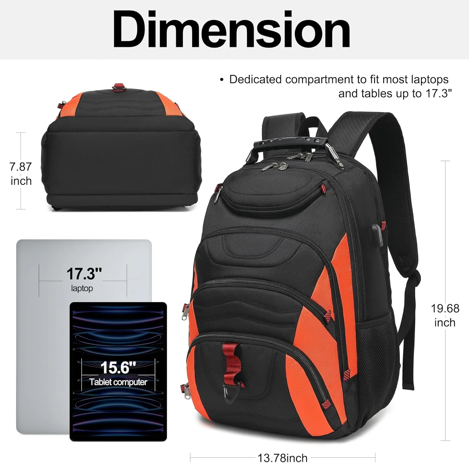 Boavan Laptop Backpack for men, 17.3 inch Laptop Bag with USB Port, Waterproof Travel Work Backpack Purse, Anti-Theft Teacher Nurse Doctor Casual Bookbags Office Business backpackBlack&Orange
