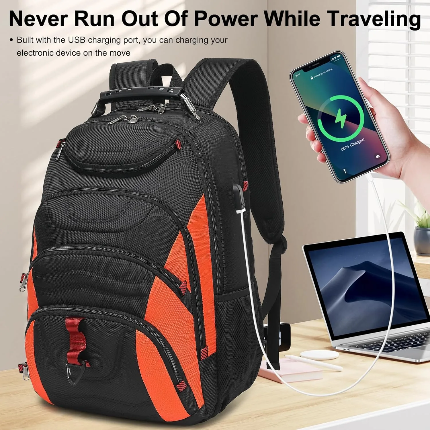 Boavan Laptop Backpack for men, 17.3 inch Laptop Bag with USB Port, Waterproof Travel Work Backpack Purse, Anti-Theft Teacher Nurse Doctor Casual Bookbags Office Business backpackBlack&Orange