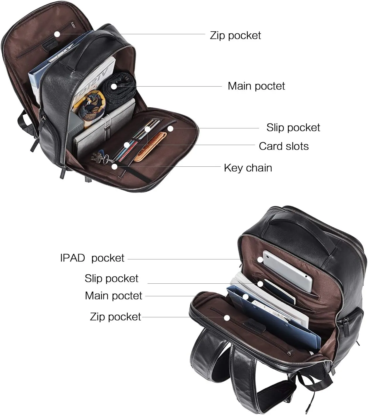 BOSTANTEN Leather Backpacks College 15.6 Laptop Travel Computer Shoulder Backpack For Men Black