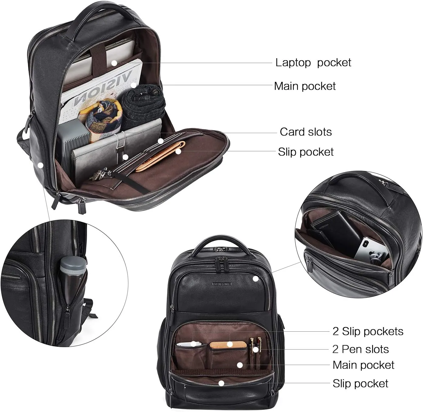 BOSTANTEN Leather Backpacks College 15.6 Laptop Travel Computer Shoulder Backpack For Men Black