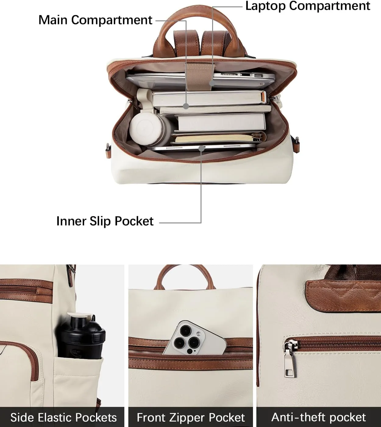 BOSTANTEN Leather Laptop Backpack for Women Designer Travel Backpack with Laptop Compartment Ladies Computer Shoulder Bags BeigeBrown