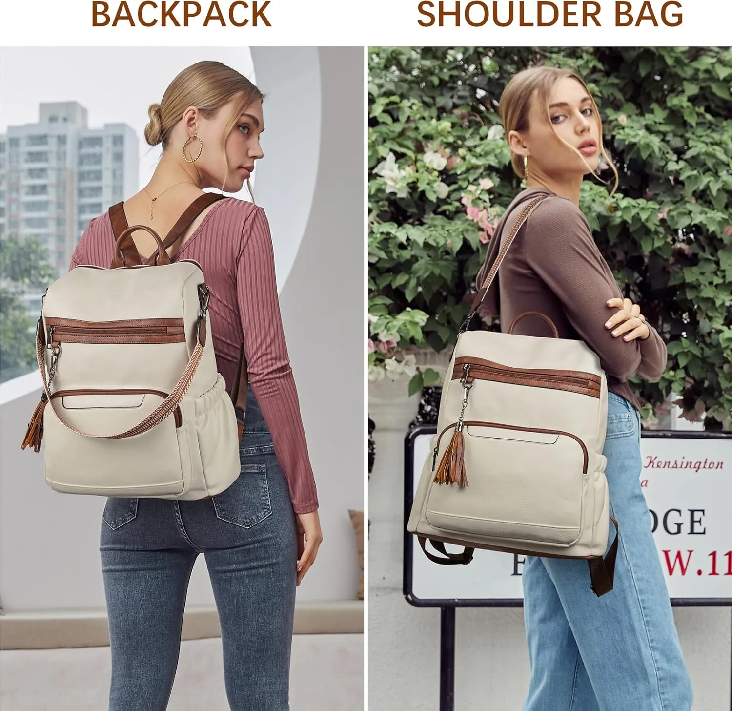 BOSTANTEN Leather Laptop Backpack for Women Designer Travel Backpack with Laptop Compartment Ladies Computer Shoulder Bags BeigeBrown