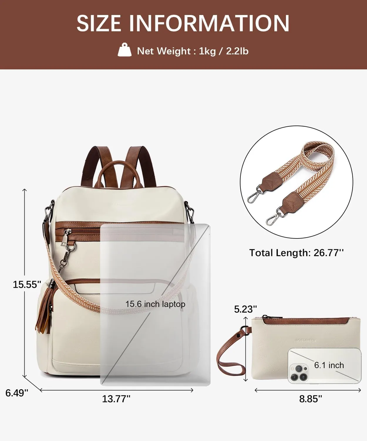 BOSTANTEN Leather Laptop Backpack for Women Designer Travel Backpack with Laptop Compartment Ladies Computer Shoulder Bags BeigeBrown