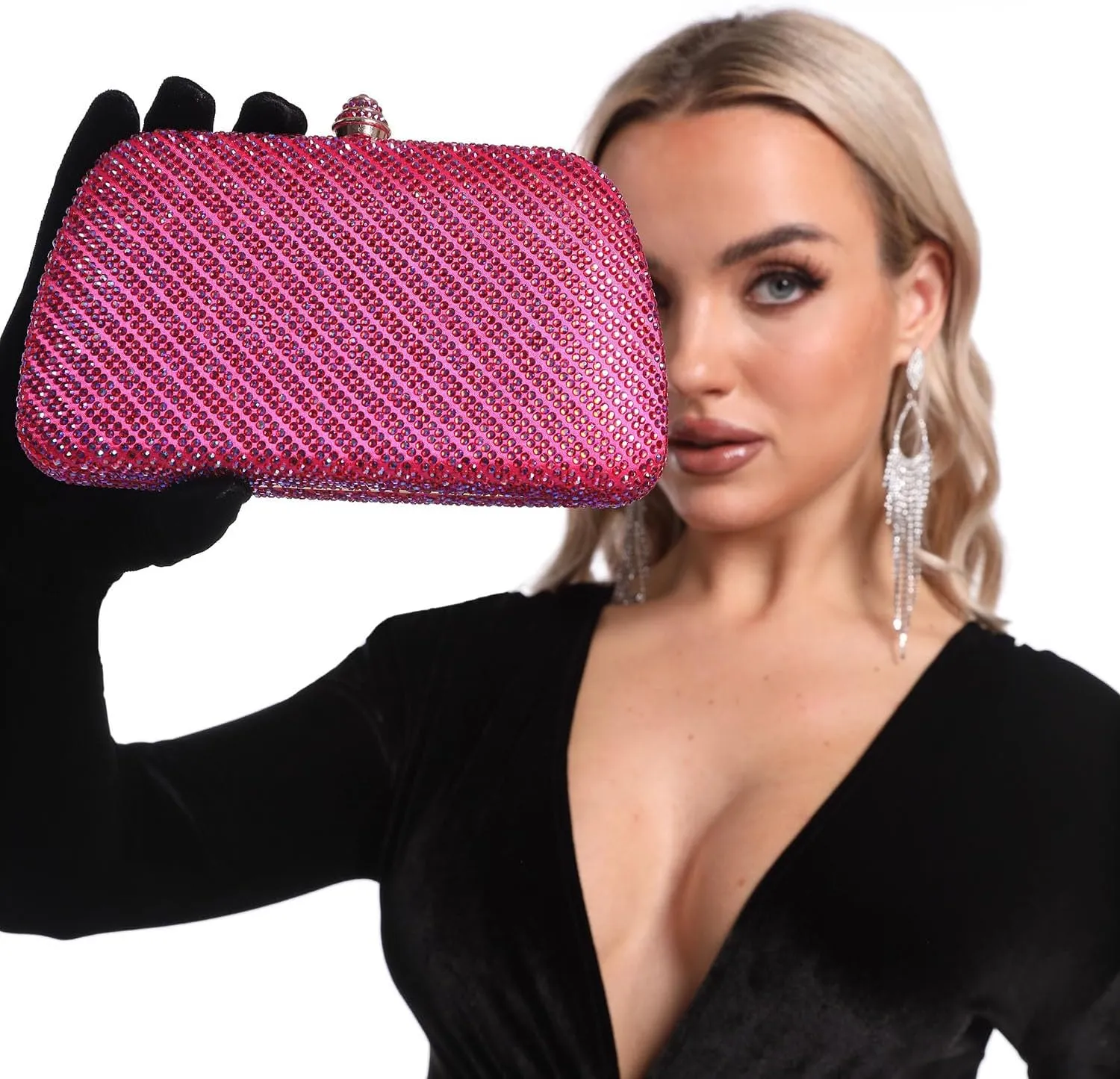 Boutique De FGG D Shape Women Crystal Evening Bags Formal Parties and Weddings Chic Clutch Purse Rhinestone Handbags, Mini