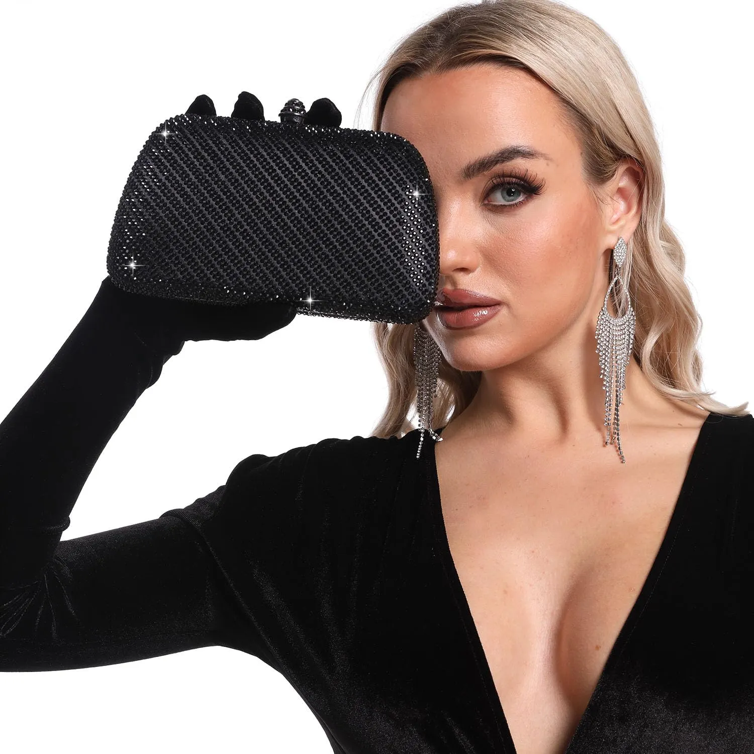 Boutique De FGG D Shape Women Crystal Evening Bags Formal Parties and Weddings Chic Clutch Purse Rhinestone Handbags, Mini