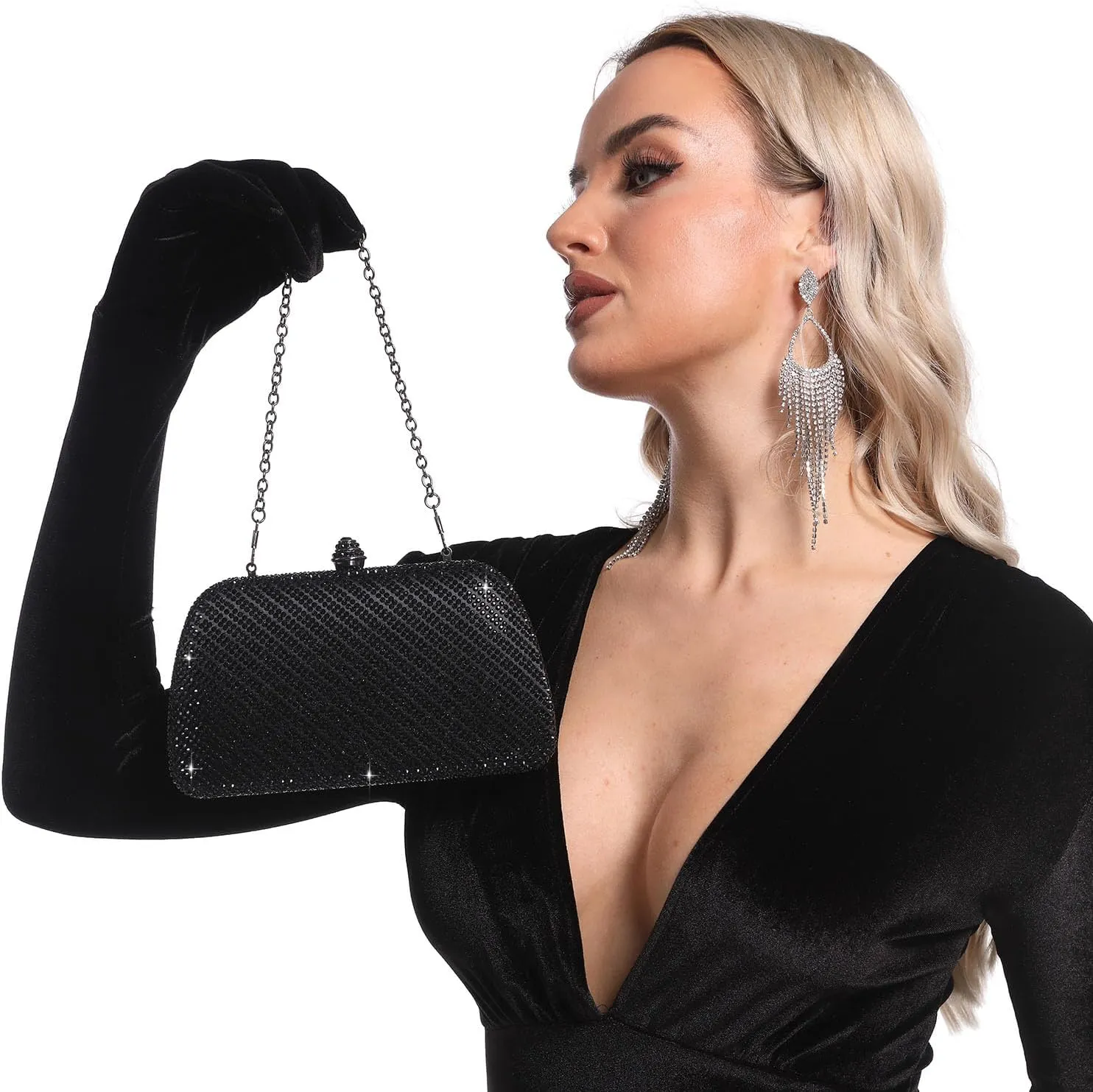 Boutique De FGG D Shape Women Crystal Evening Bags Formal Parties and Weddings Chic Clutch Purse Rhinestone Handbags, Mini