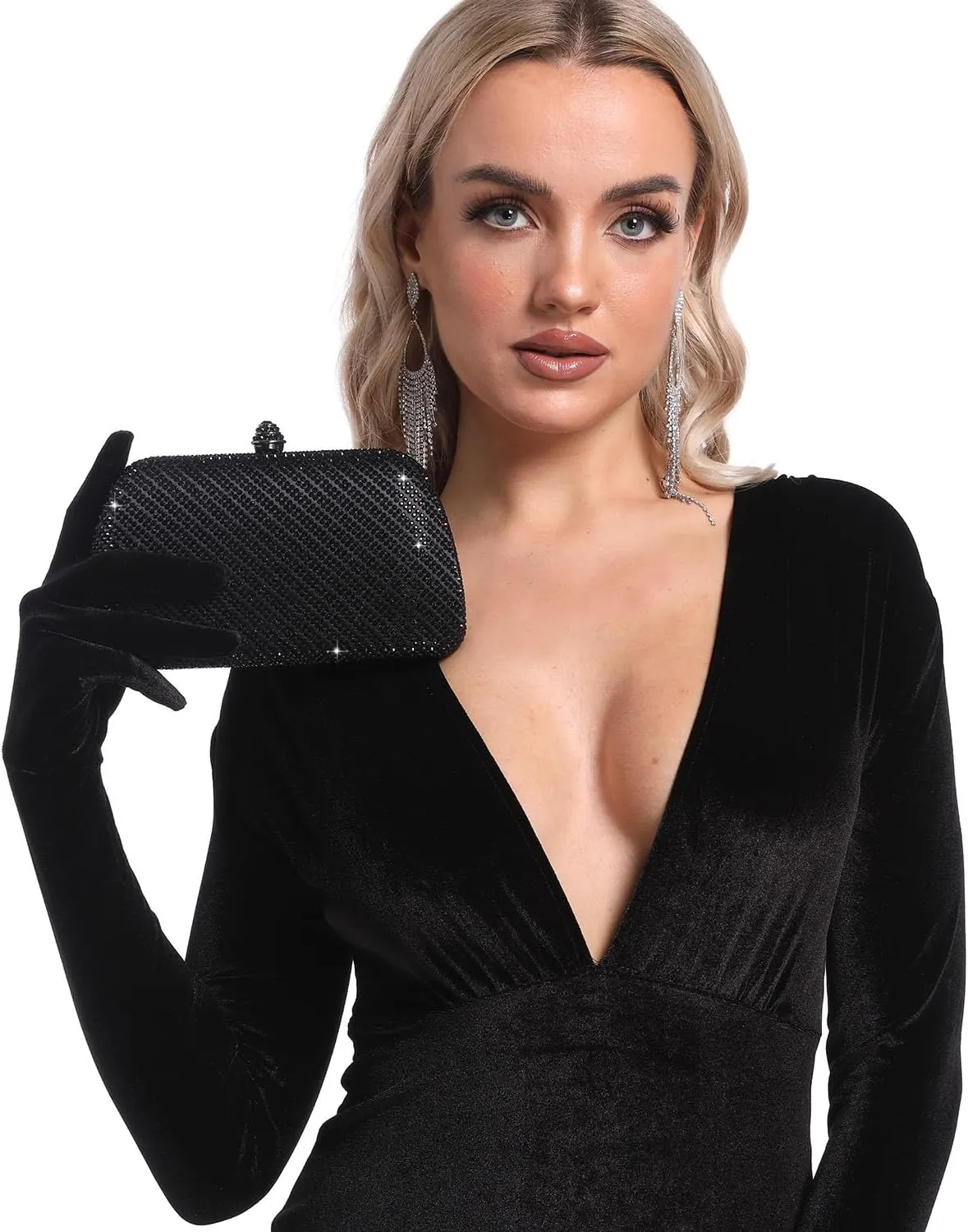 Boutique De FGG D Shape Women Crystal Evening Bags Formal Parties and Weddings Chic Clutch Purse Rhinestone Handbags, Mini