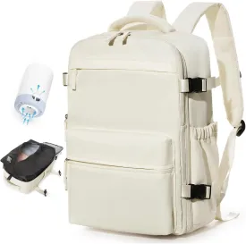 BOXSAM Large Vacuum Travel Backpack with Pump for Women,Airback Personal Item Carry on Backpacks Flight Approved 18x14x8 inches for Men,Laptop Waterproof Work Compression bags Casual Daypack,Beige