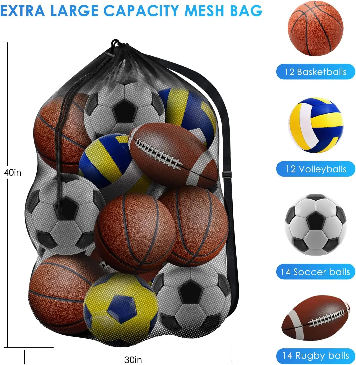 BROTOU Extra Large Sports Ball Bag Mesh, Basketball Bags Team Balls, Adjustable Shoulder Strap, Ball Bags for Holding Soccer, Football, Volleyball, Swimming Gear (30 x 40)