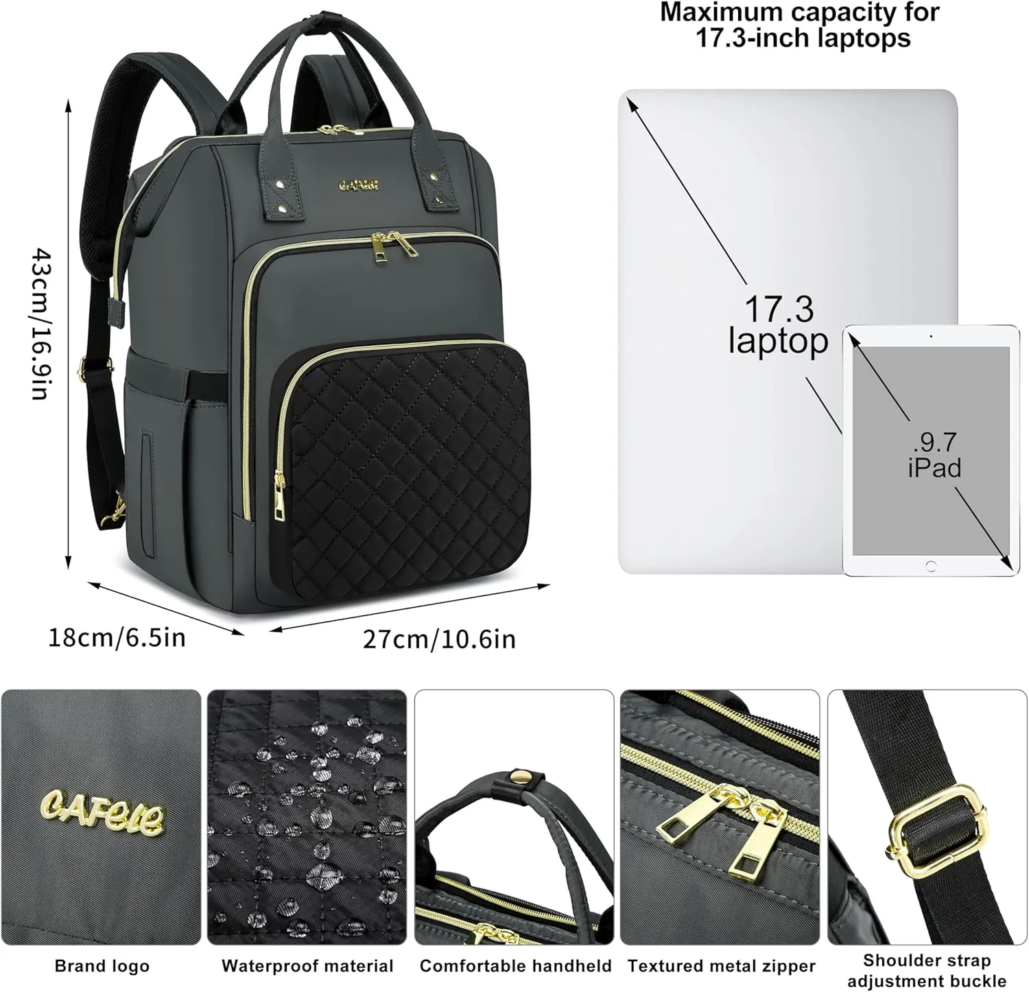 CAFELE Laptop Backpack for Women, Convertible Backpack for Teacher Nurse with Water Resistant, Quilted Travel Work Backpack with USB Port, Quilted Commuter Backpack, Dark Gray(2323H-03)