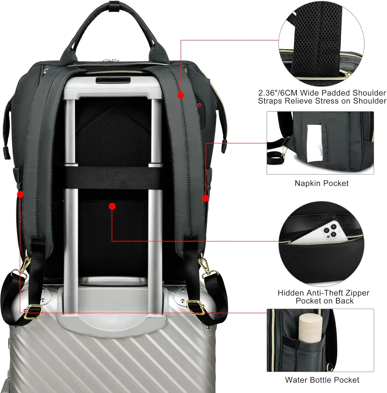 CAFELE Laptop Backpack for Women, Convertible Backpack for Teacher Nurse with Water Resistant, Quilted Travel Work Backpack with USB Port, Quilted Commuter Backpack, Dark Gray(2323H-03)