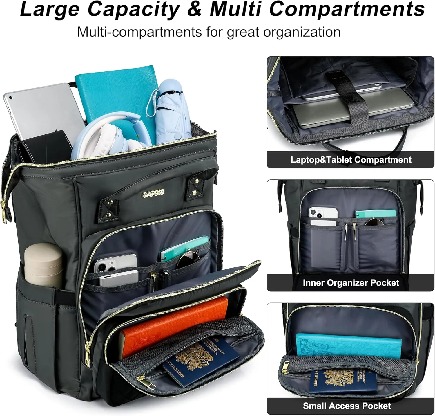 CAFELE Laptop Backpack for Women, Convertible Backpack for Teacher Nurse with Water Resistant, Quilted Travel Work Backpack with USB Port, Quilted Commuter Backpack, Dark Gray(2323H-03)